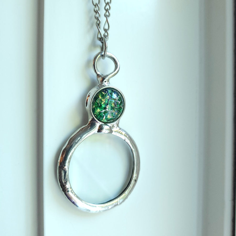 Magnifier Necklace with Green Glass Opal Inset, Long Necklace