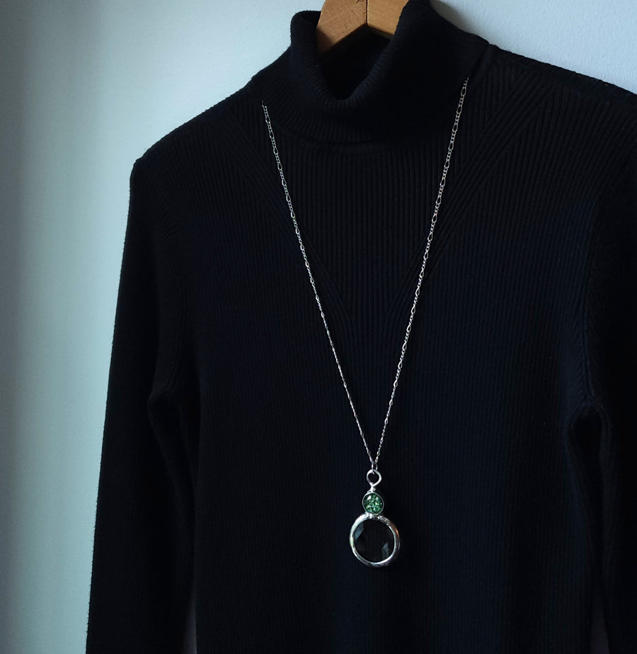 Magnifier Necklace with Green Glass Opal Inset, Long Necklace
