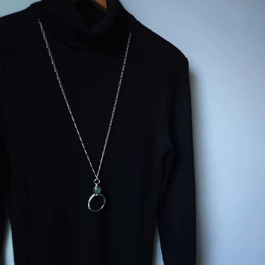Magnifier Necklace with Green Glass Opal Inset, Long Necklace