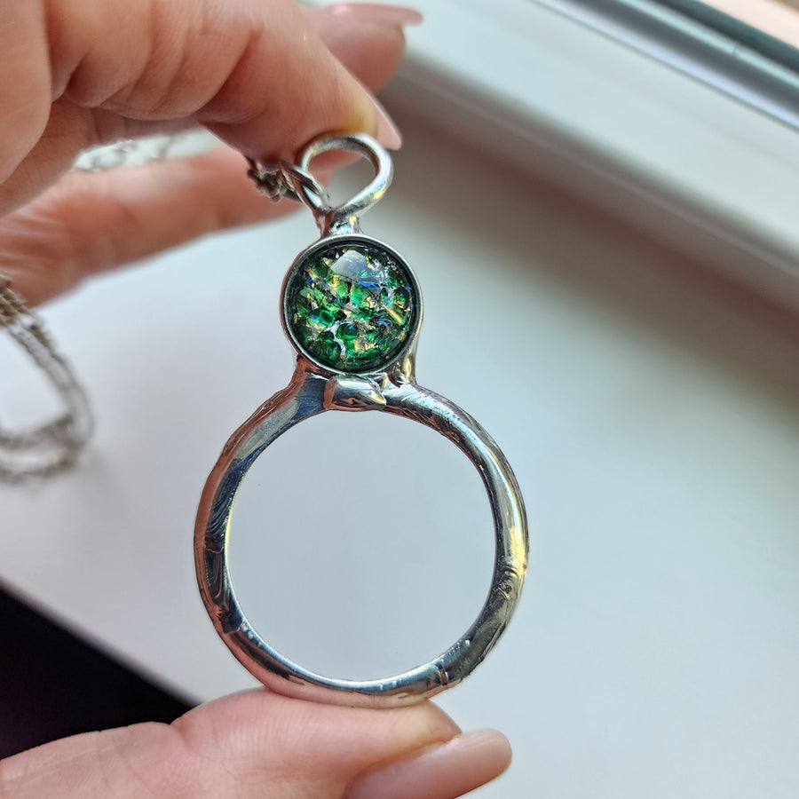 Magnifier Necklace with Green Glass Opal Inset, Long Necklace