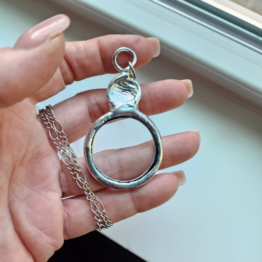 Magnifier Necklace with Green Glass Opal Inset, Long Necklace
