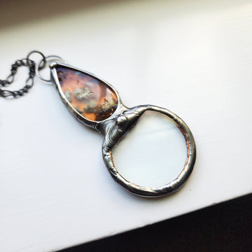 Magnifying Glass Pendant Necklace with Moss Agate Set for Handle