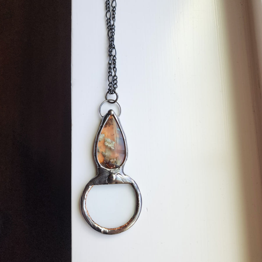 Magnifying Glass Pendant Necklace with Moss Agate Set for Handle