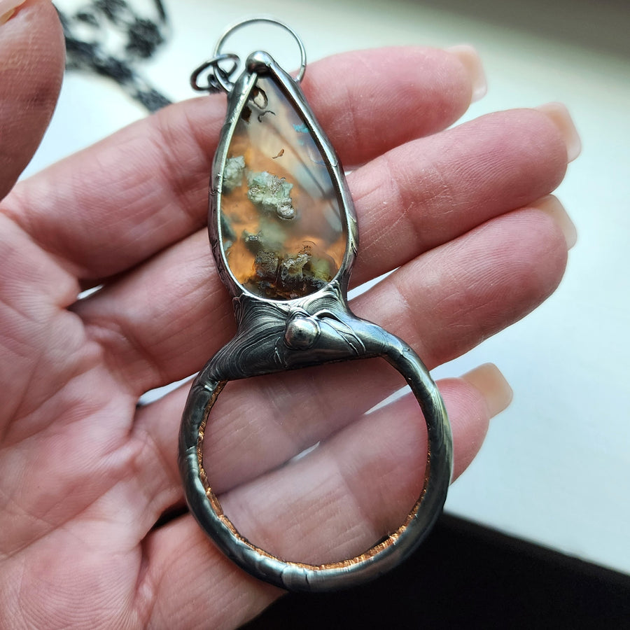 Magnifying Glass Pendant Necklace with Moss Agate Set for Handle