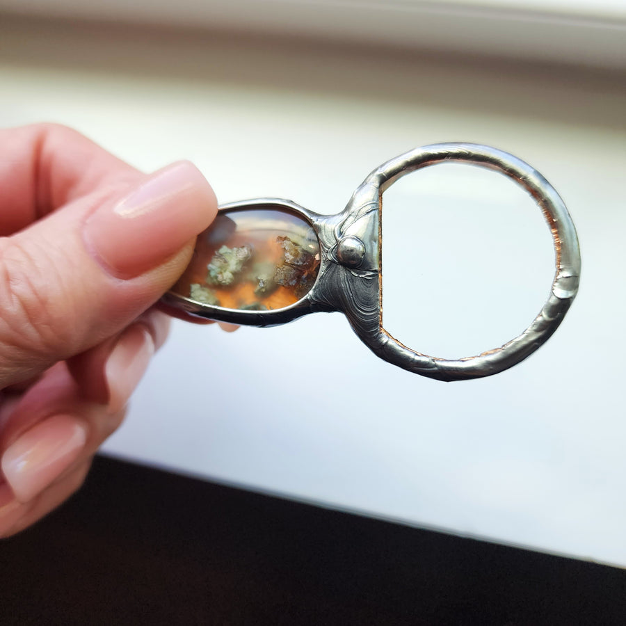 Magnifying Glass Pendant Necklace with Moss Agate Set for Handle
