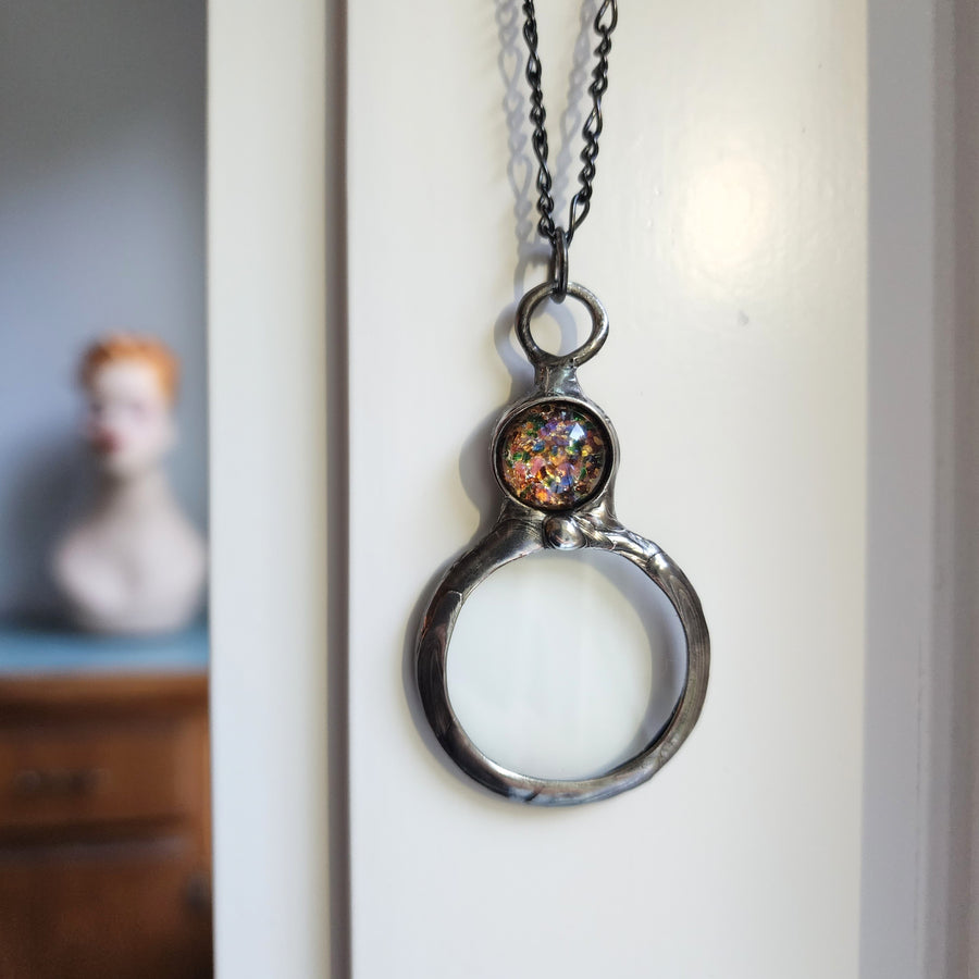 Magnifying Glass Pendant, Multicolored Opal Glass Inset