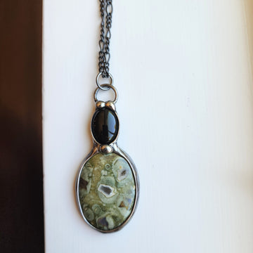 Large Green Sea Sediment Jasper Pendant with Black Onyx