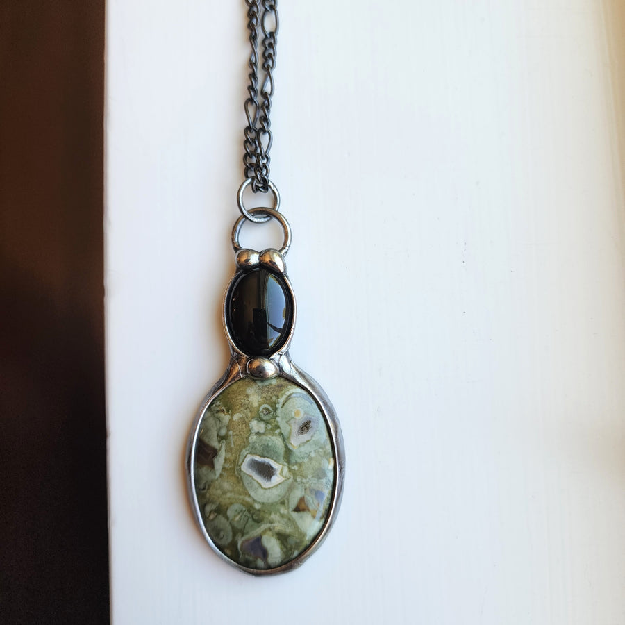 Large Green Sea Sediment Jasper Pendant with Black Onyx