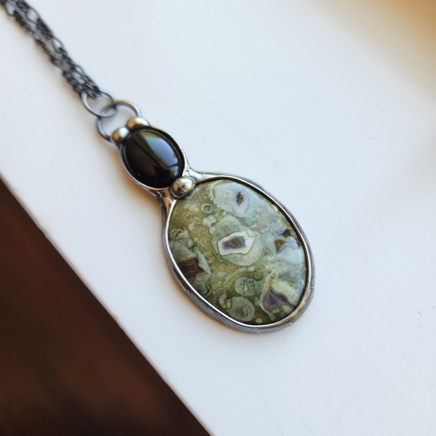 Large Green Sea Sediment Jasper Pendant with Black Onyx
