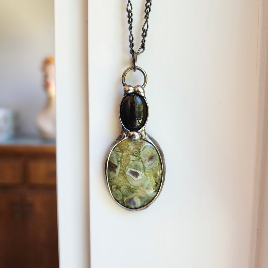 Large Green Sea Sediment Jasper Pendant with Black Onyx