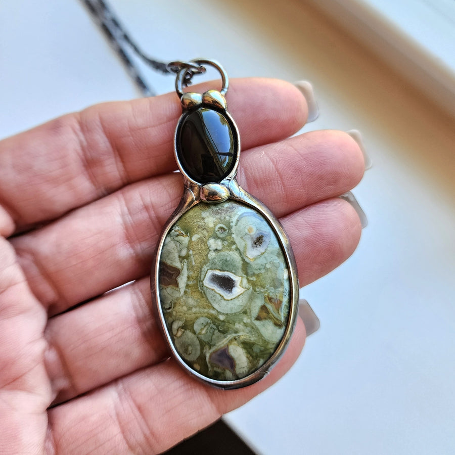 Large Green Sea Sediment Jasper Pendant with Black Onyx