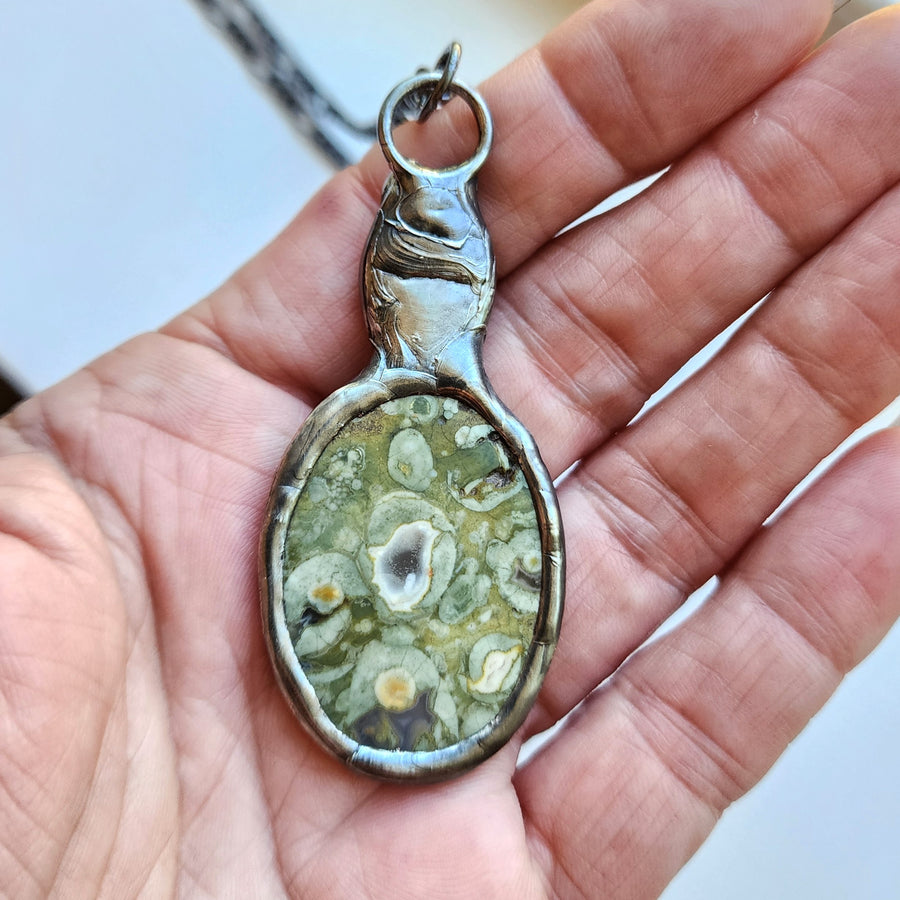 Large Green Sea Sediment Jasper Pendant with Black Onyx