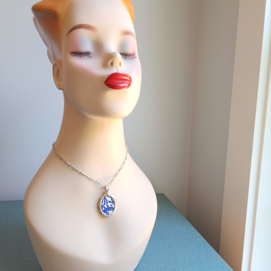 SOLD - Blue Willow Broken China Pendant Necklace for Women