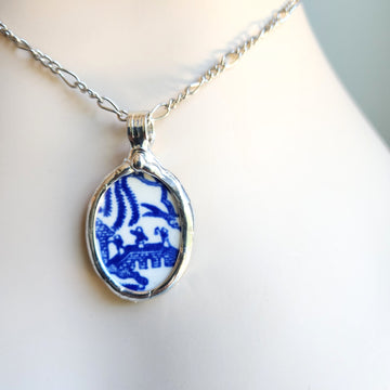 SOLD - Blue Willow Broken China Pendant Necklace for Women