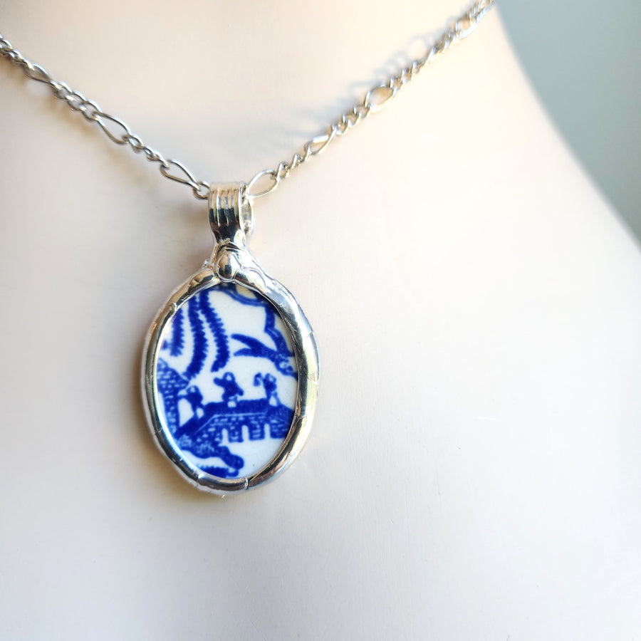 SOLD - Blue Willow Broken China Pendant Necklace for Women