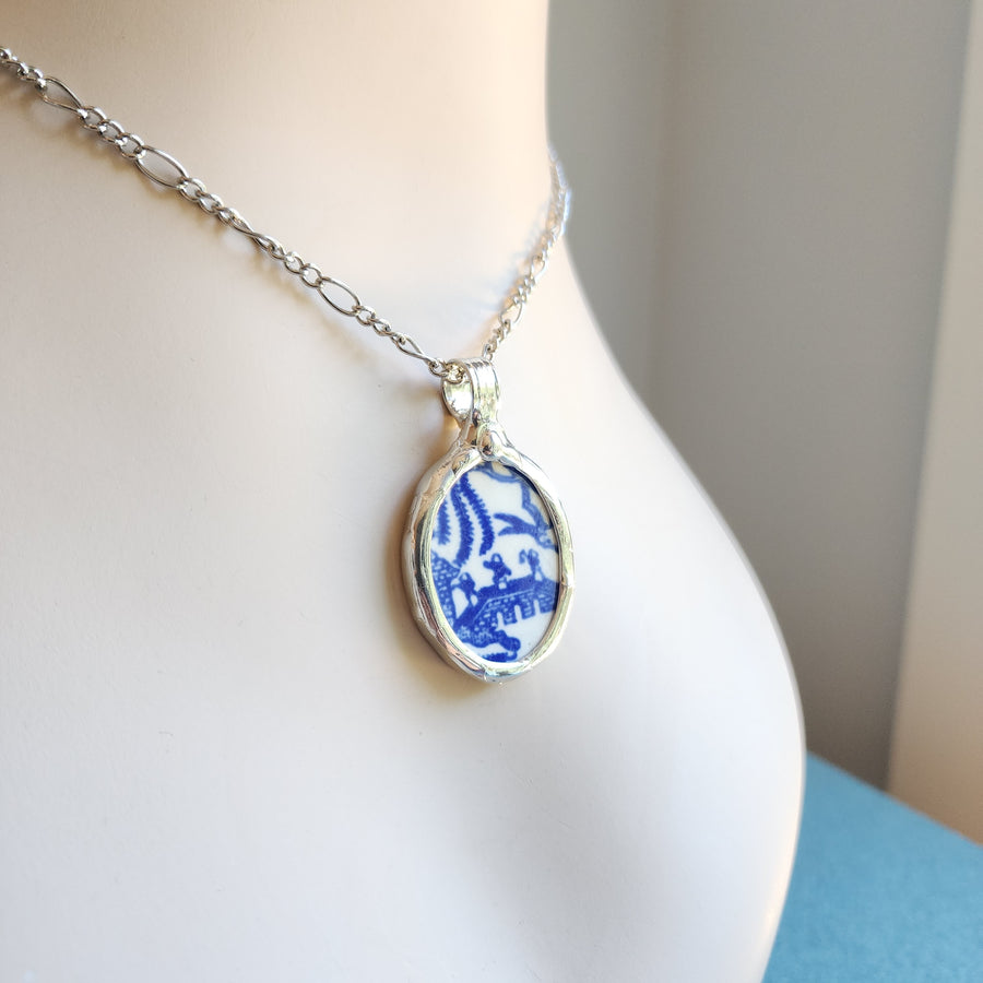SOLD - Blue Willow Broken China Pendant Necklace for Women