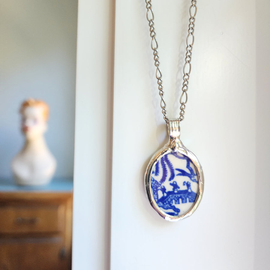 SOLD - Blue Willow Broken China Pendant Necklace for Women