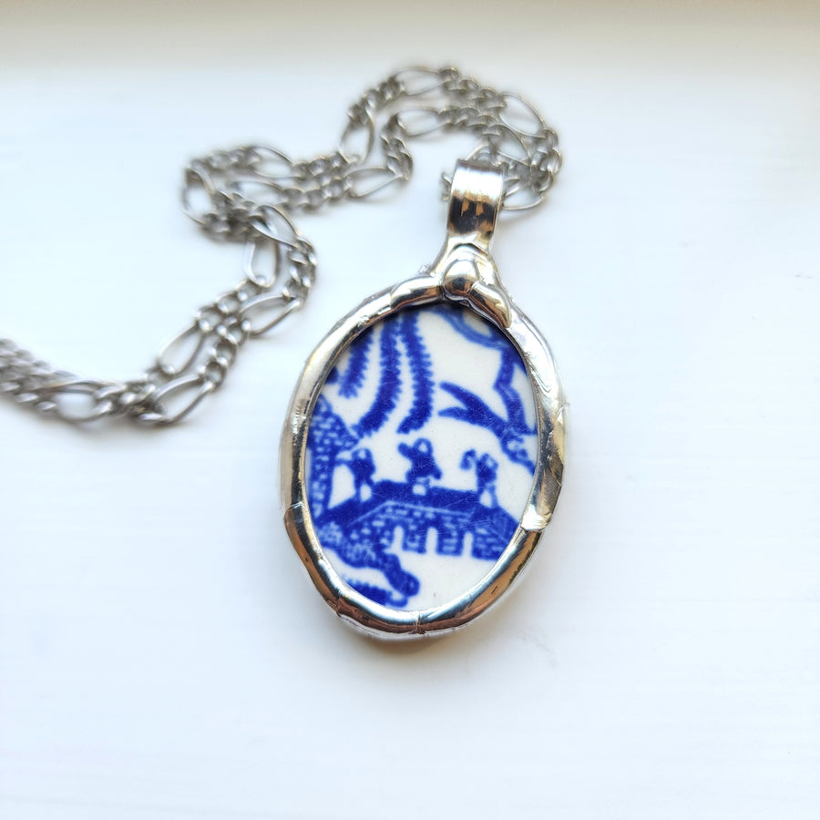 SOLD - Blue Willow Broken China Pendant Necklace for Women