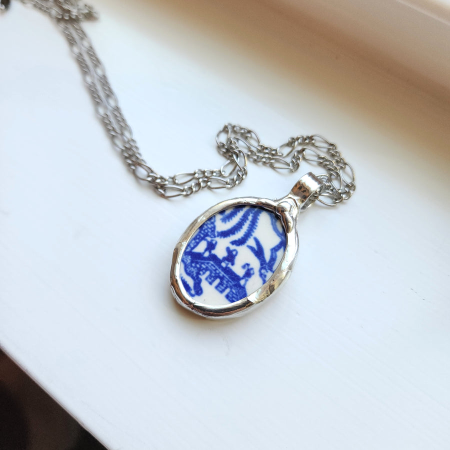 SOLD - Blue Willow Broken China Pendant Necklace for Women