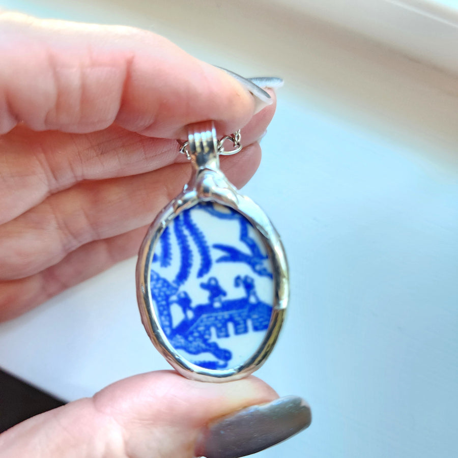 SOLD - Blue Willow Broken China Pendant Necklace for Women