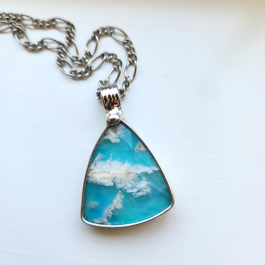 SOLD - Triangle Pendant, Sky Blue Clouds Agate Doublet