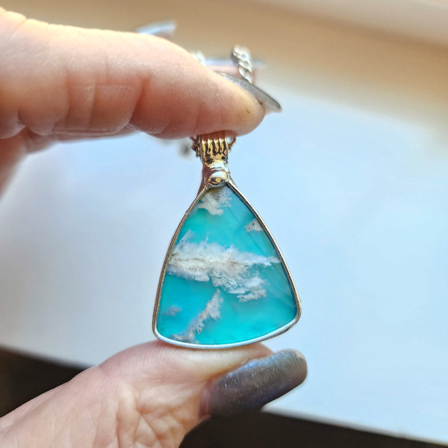 SOLD - Triangle Pendant, Sky Blue Clouds Agate Doublet