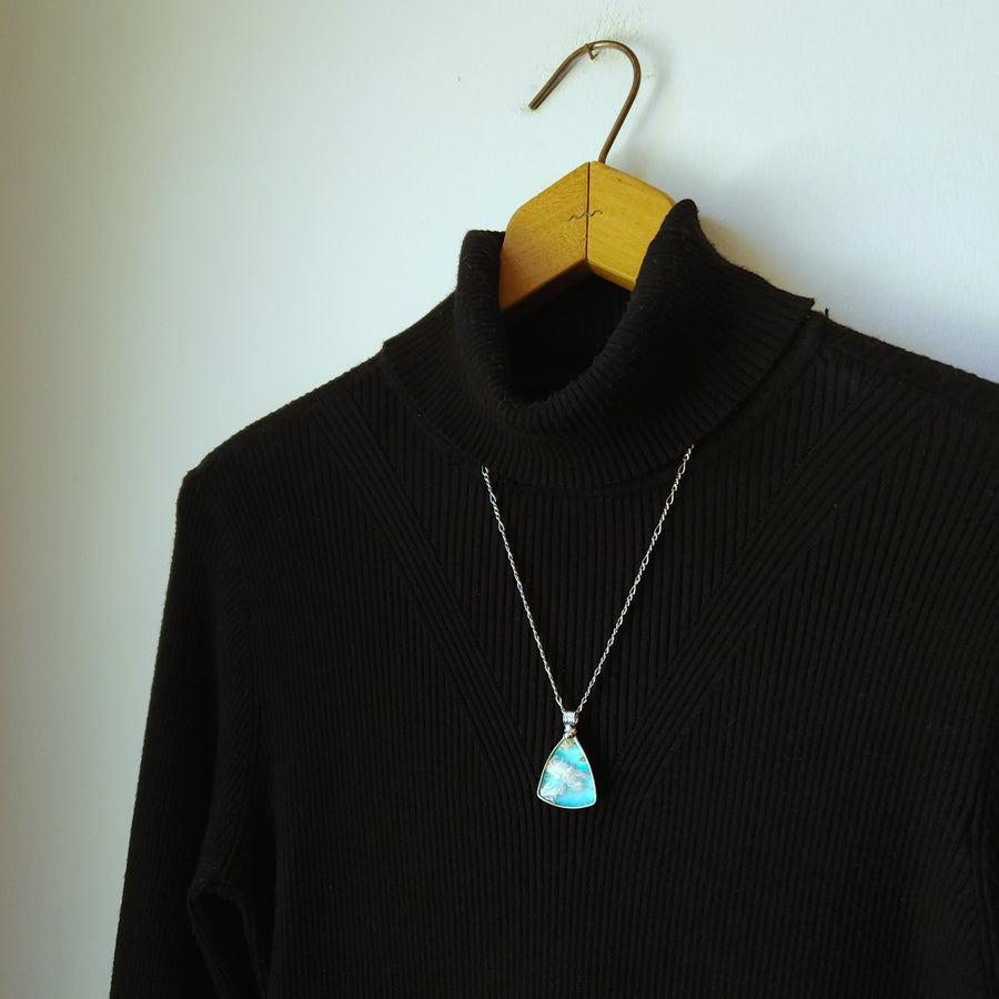 SOLD - Triangle Pendant, Sky Blue Clouds Agate Doublet