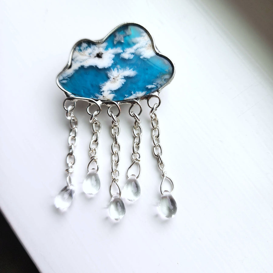Cloud Brooch, Agate Doublet Cloud with Raindrops