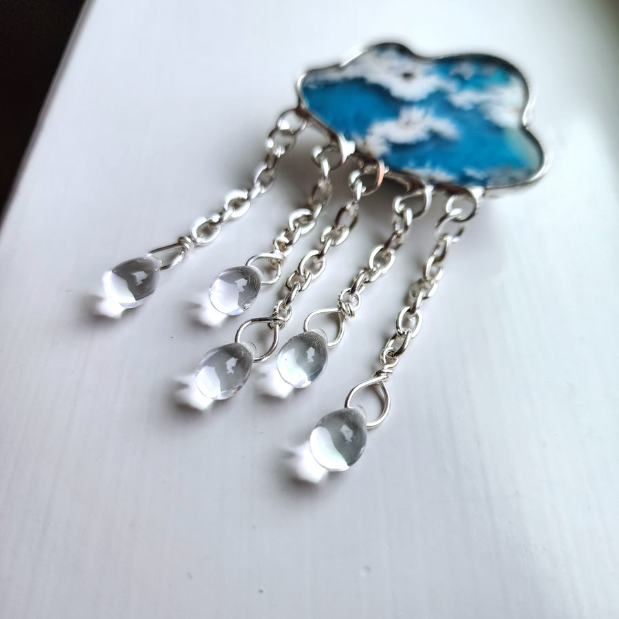 Cloud Brooch, Agate Doublet Cloud with Raindrops