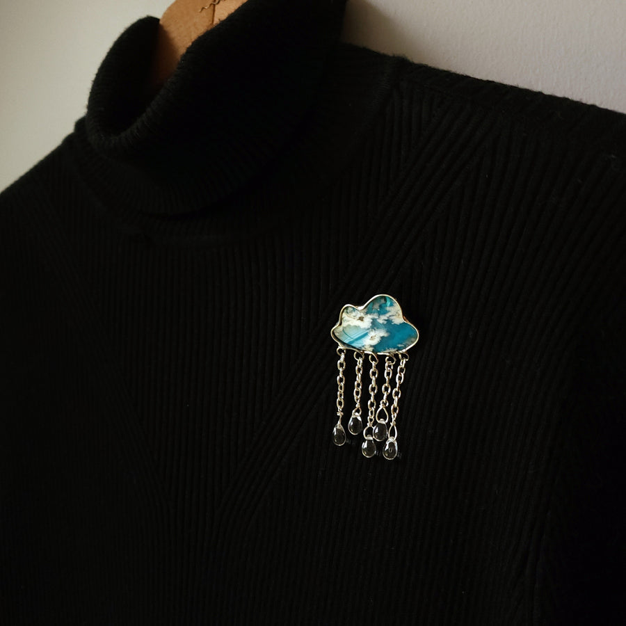 Cloud Brooch, Agate Doublet Cloud with Raindrops