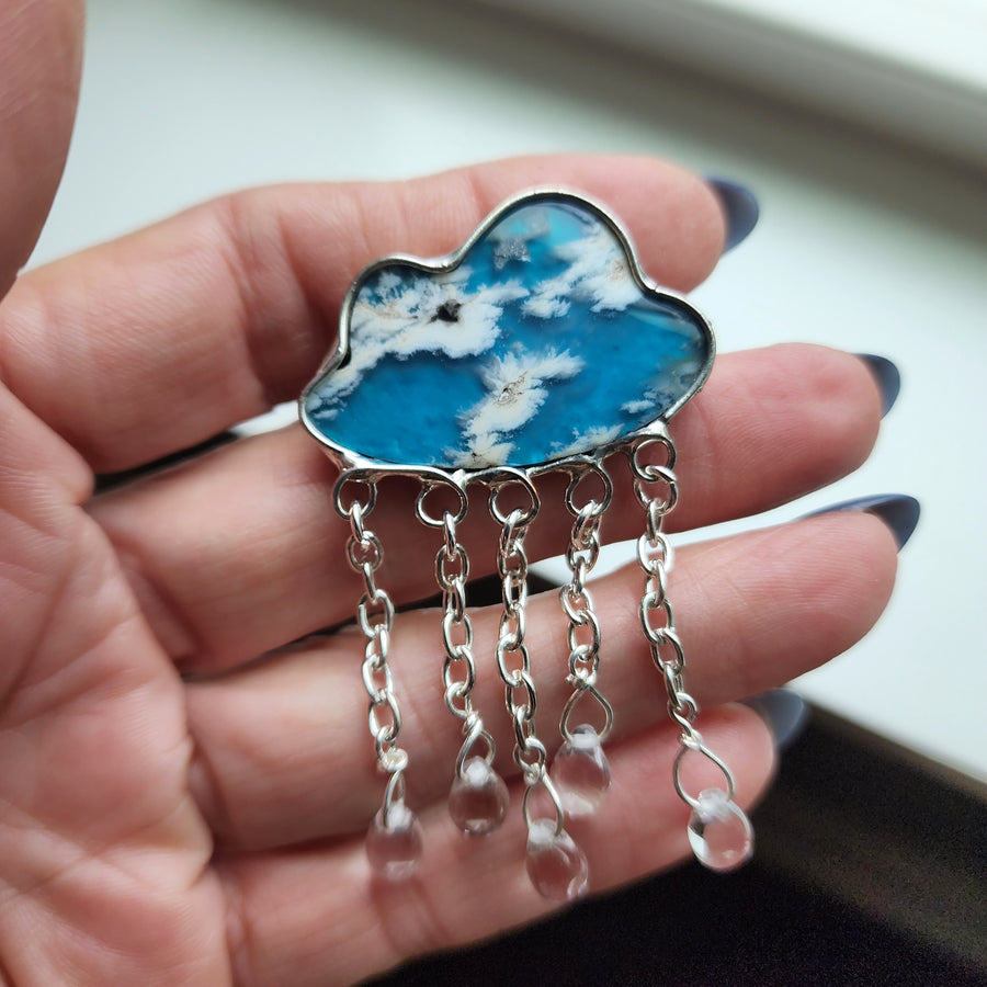 Cloud Brooch, Agate Doublet Cloud with Raindrops