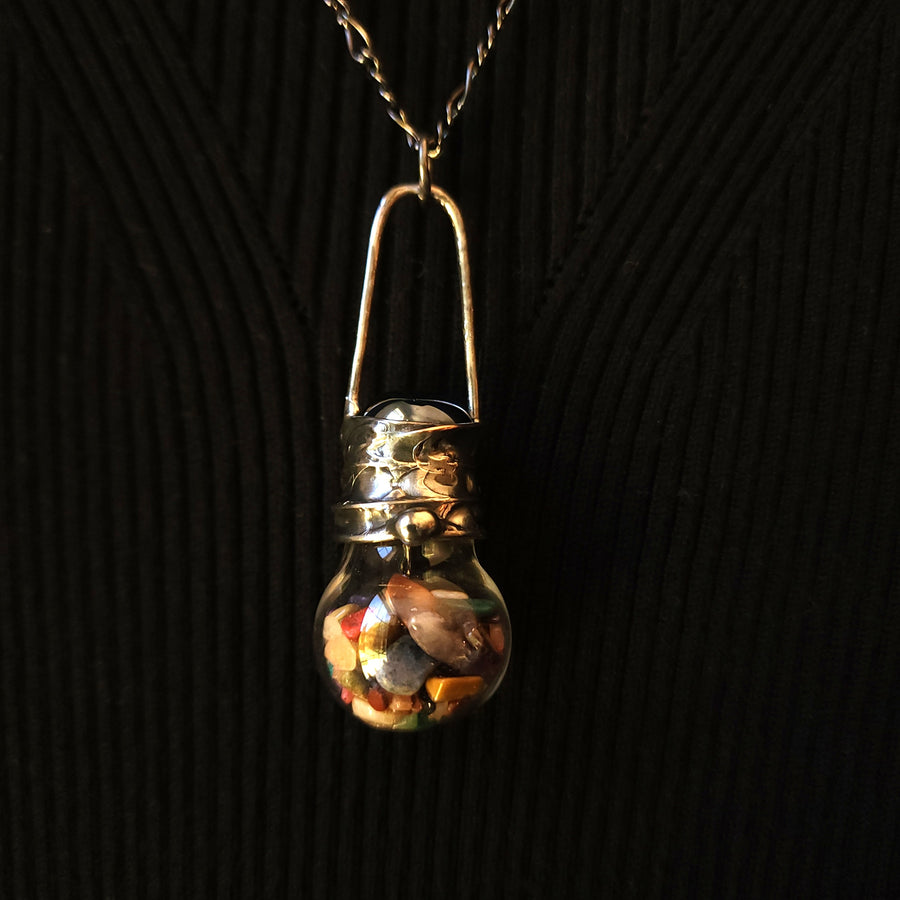 Glass Bottle Pendant with Various Polished Gemstones