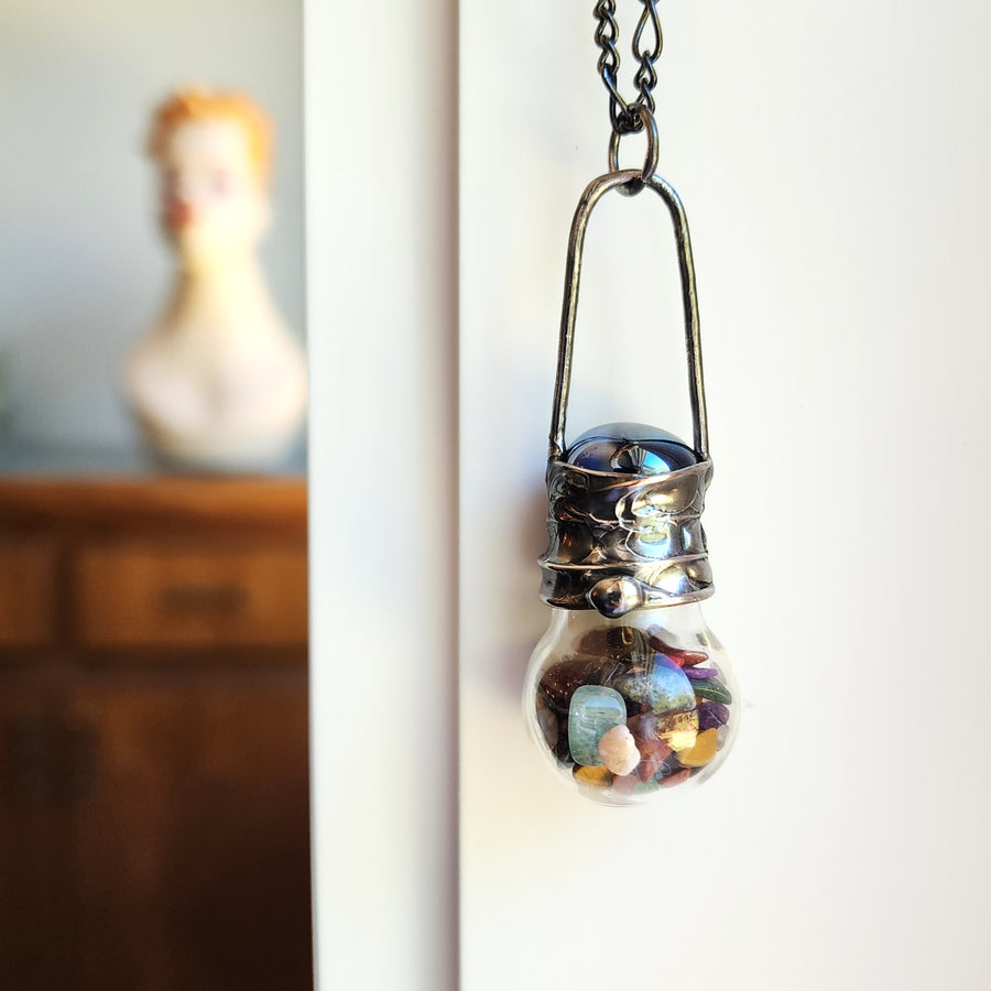 Glass Bottle Pendant with Various Polished Gemstones