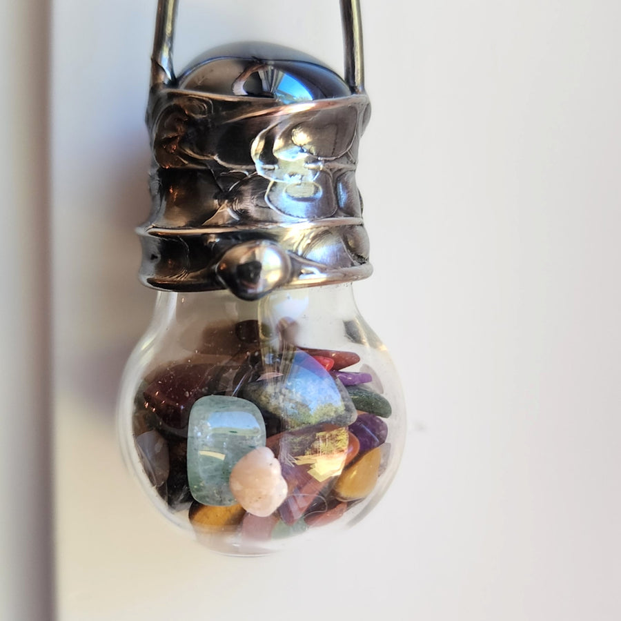 Glass Bottle Pendant with Various Polished Gemstones
