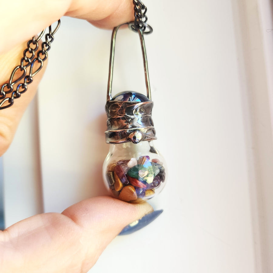 Glass Bottle Pendant with Various Polished Gemstones
