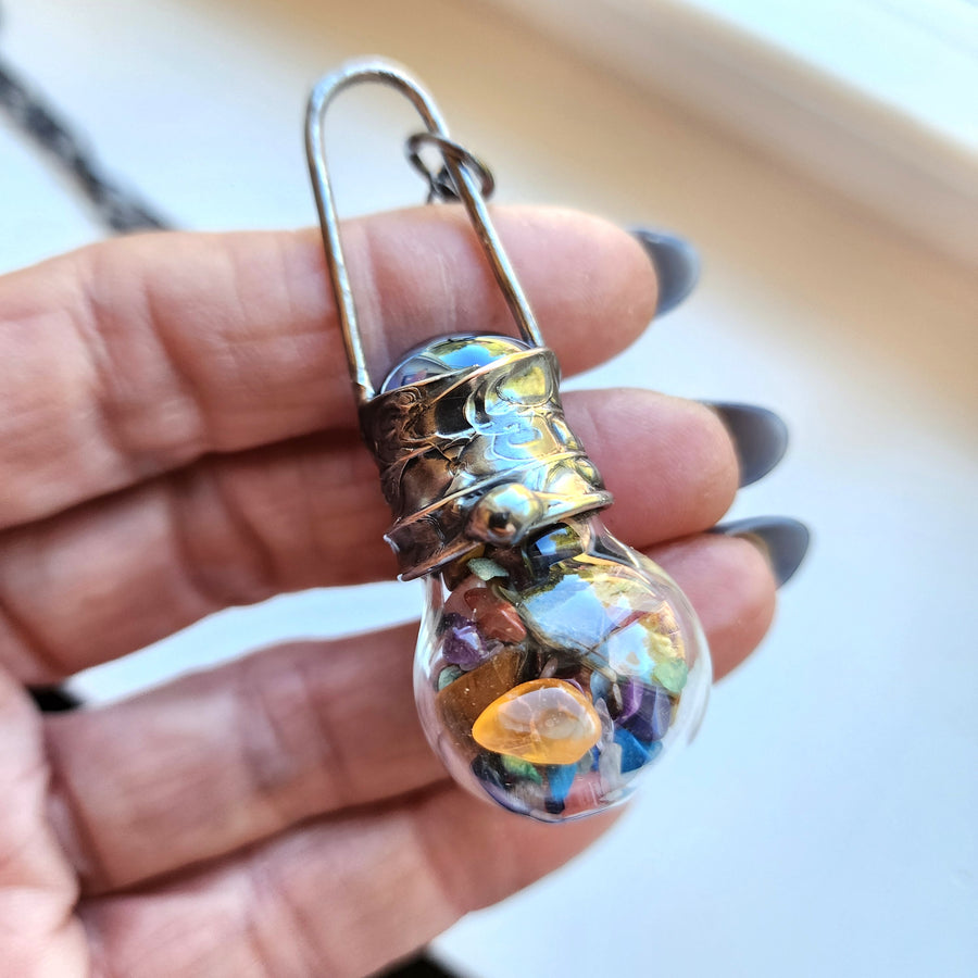 Glass Bottle Pendant with Various Polished Gemstones