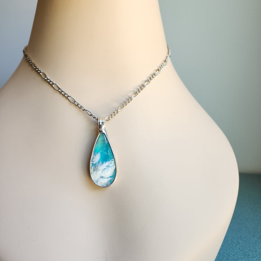 Cloudy Sky Blue Pear Agate Doublet Necklace for Women