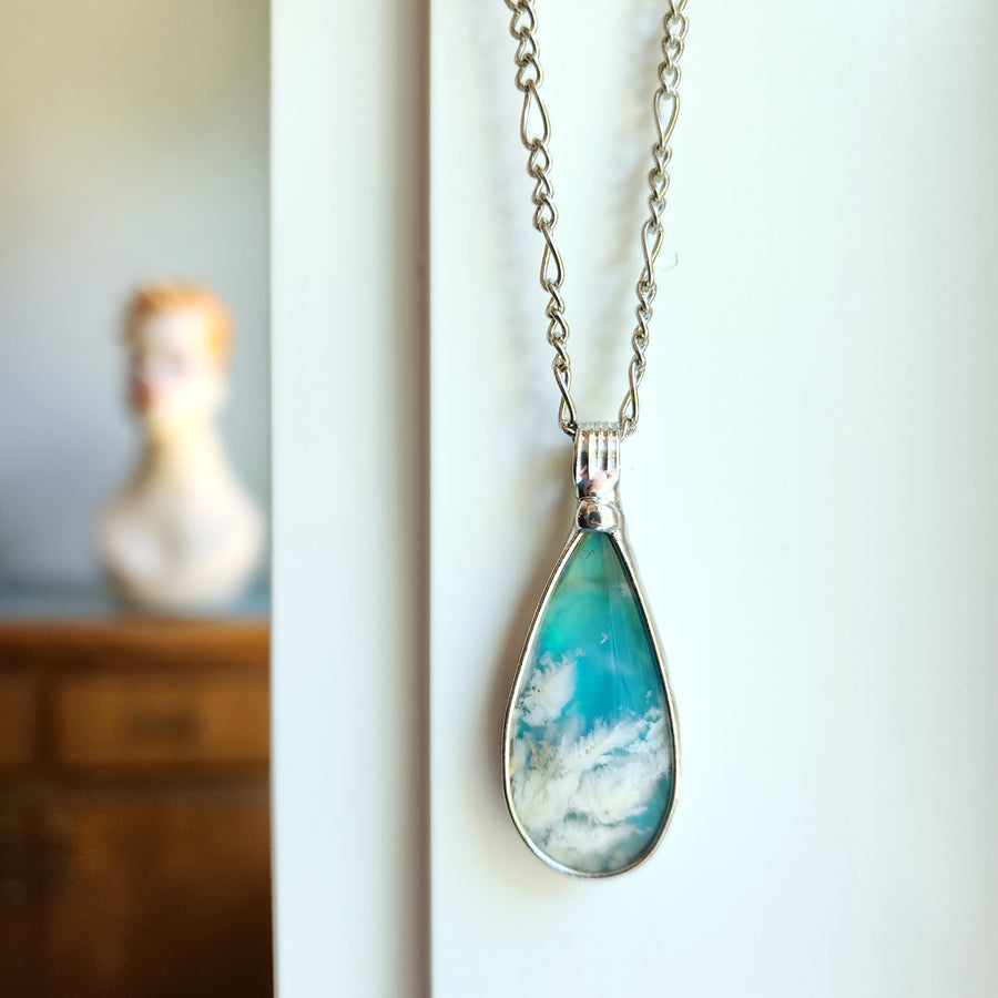 Cloudy Sky Blue Pear Agate Doublet Necklace for Women