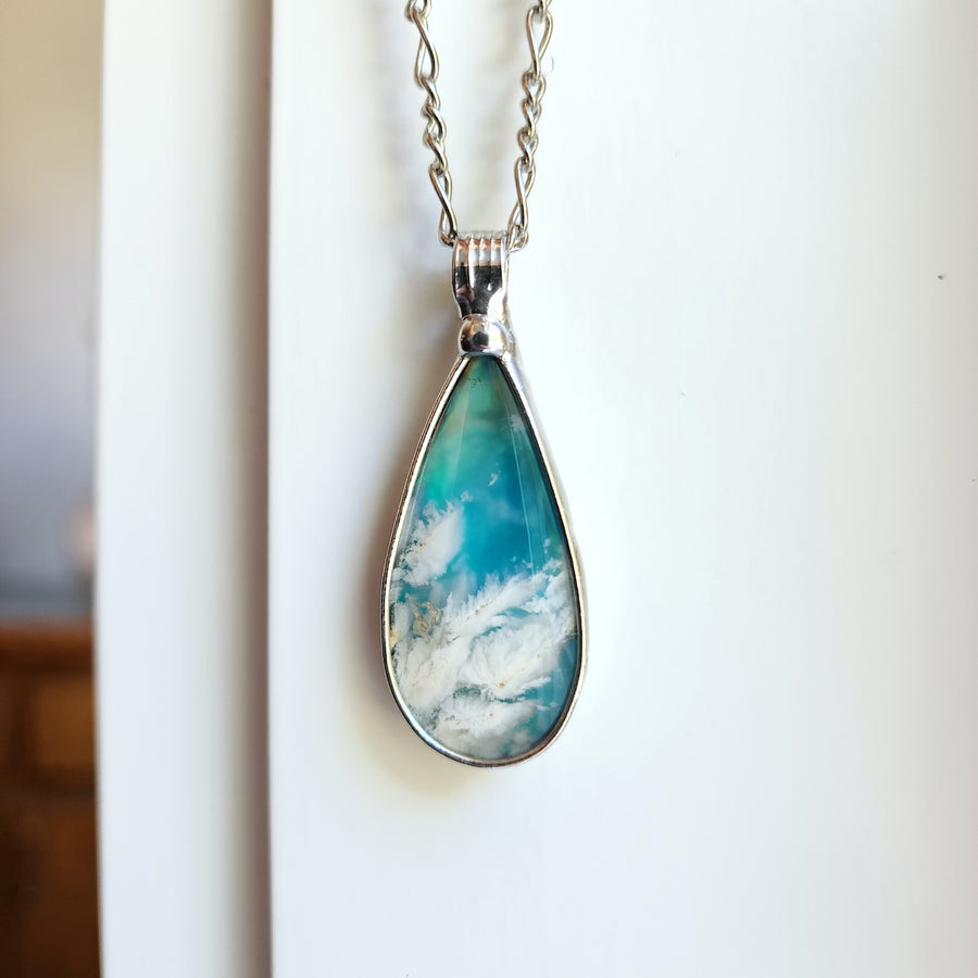 Cloudy Sky Blue Pear Agate Doublet Necklace for Women
