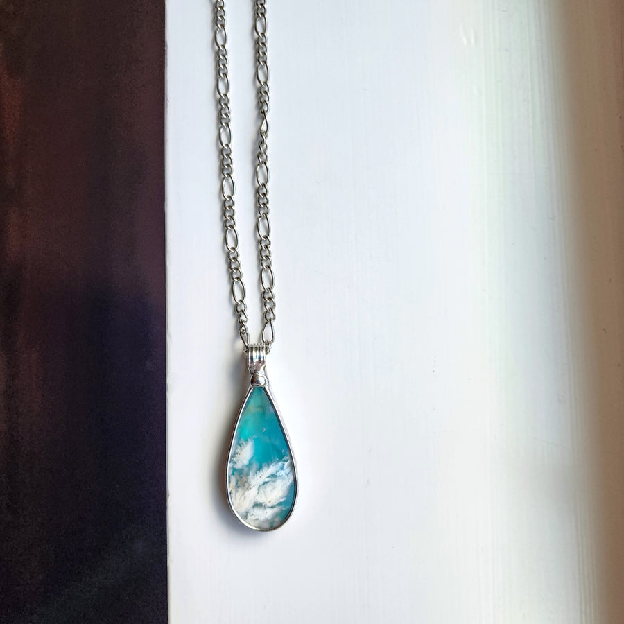 Cloudy Sky Blue Pear Agate Doublet Necklace for Women