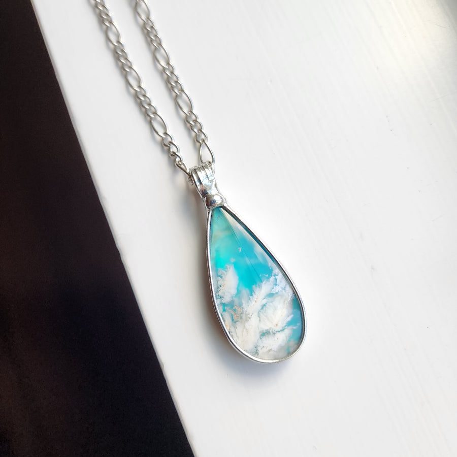 Cloudy Sky Blue Pear Agate Doublet Necklace for Women