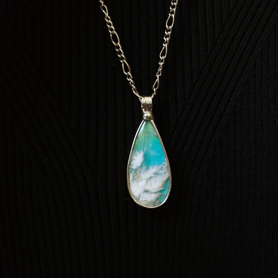 Cloudy Sky Blue Pear Agate Doublet Necklace for Women