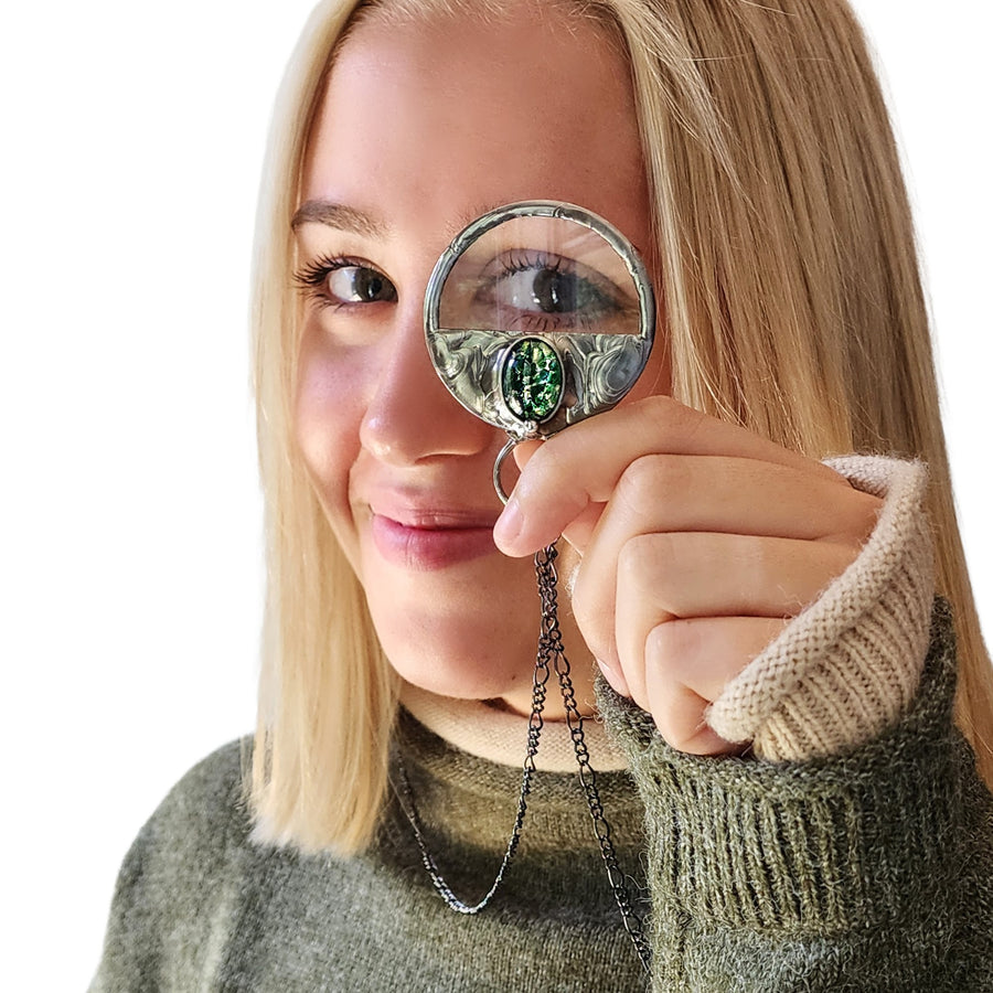 Magnifier Necklace with Faceted White Vintage Glass Inset