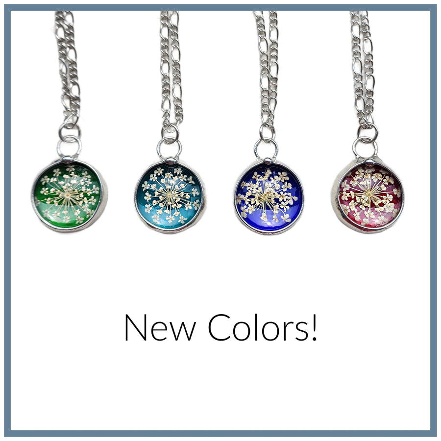 Stained Glass Necklace for Women, Ruby Red Glass with Queen Anne's Lace