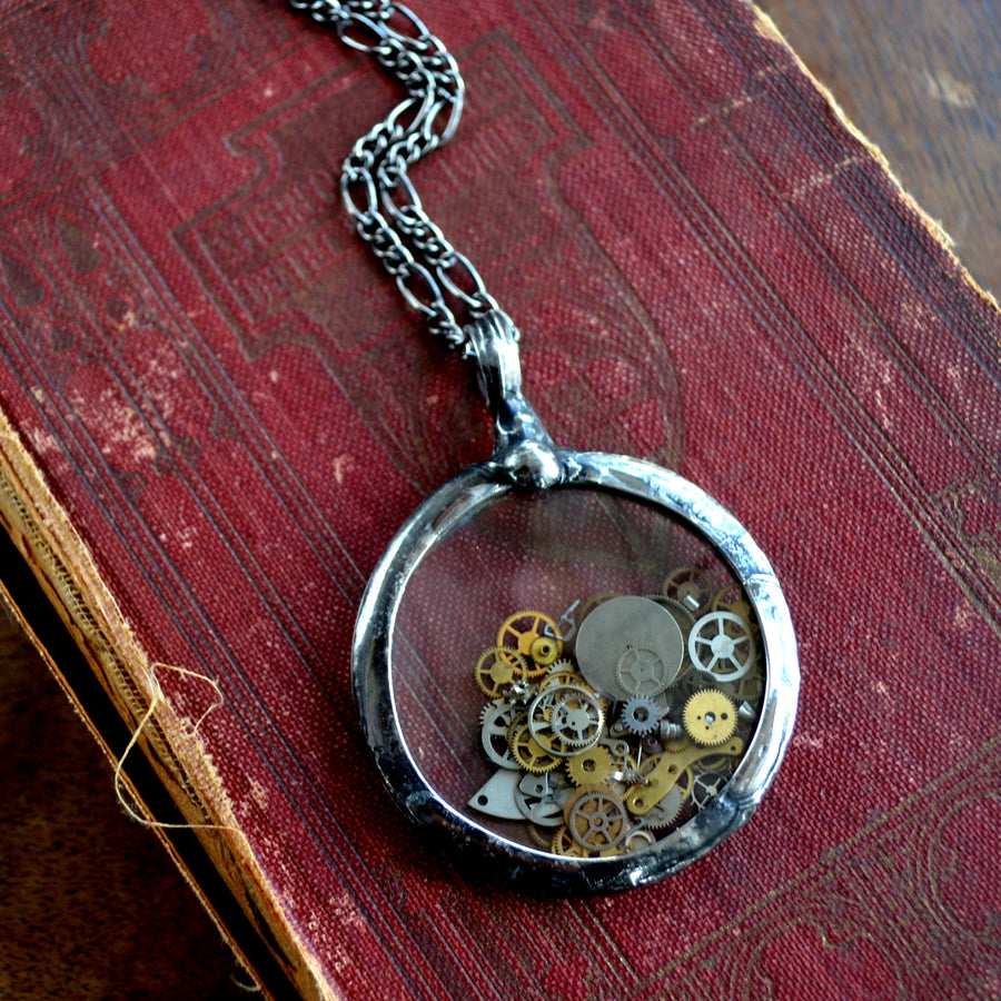 Pocket Watch Crystal Pendant with Internal Watch Parts Encased - SOLD