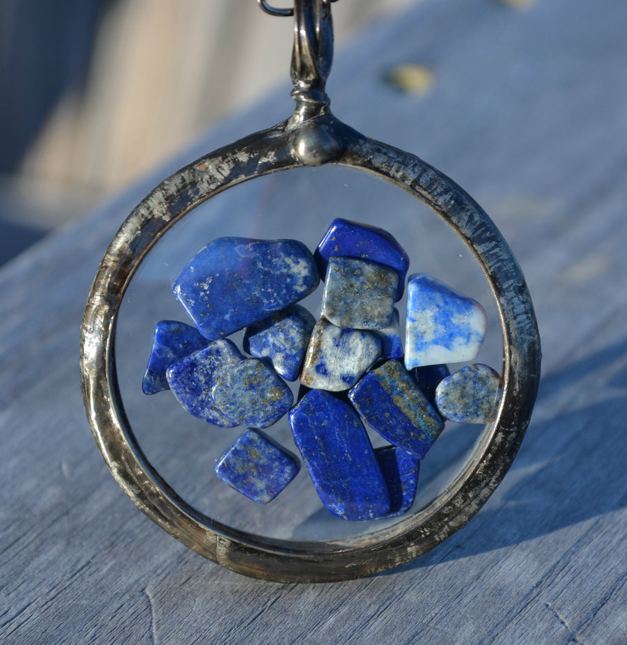 SOLD - Large Lapis Lazuli Statement Necklace, Pocket Watch Crystals