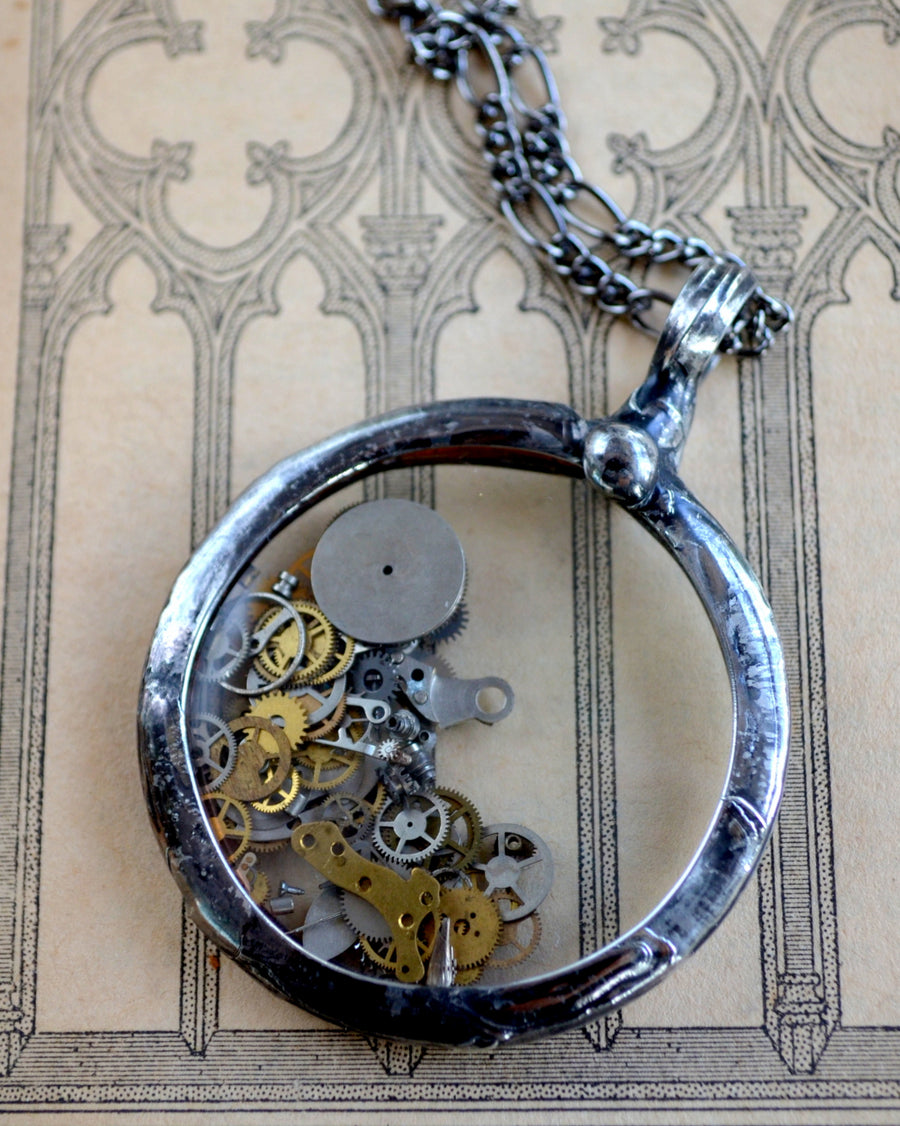 Pocket Watch Crystal Pendant with Internal Watch Parts Encased