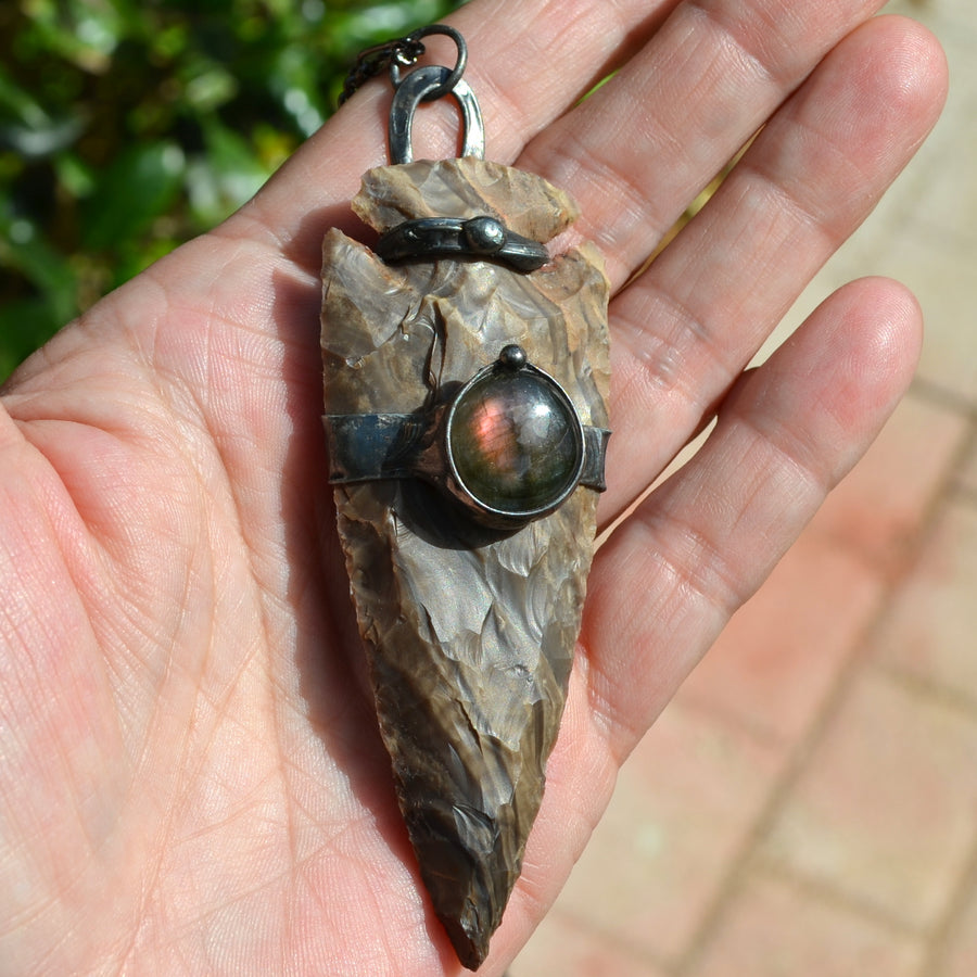 Extra Large Hand Knapped Arrowhead with Labradorite Inset - SOLD