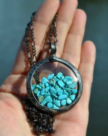 Statement Necklace, Turquoise in Pocket Watch Crystals, Unique Jewelry