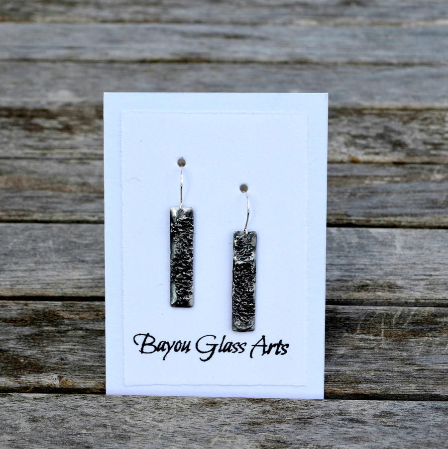 Rectangle tag earrings with Sterling Silver ear wires.  Handmade in silver finish. Looks like a Skyscraper building.Truly Hand Made in USA by Louisiana Artisan at Bayou Glass Arts Studio. Chain is quality plated fully adjustable Figaro style. All are 100% handmade from metals that contain NO lead, cadmium, zinc or nickel.